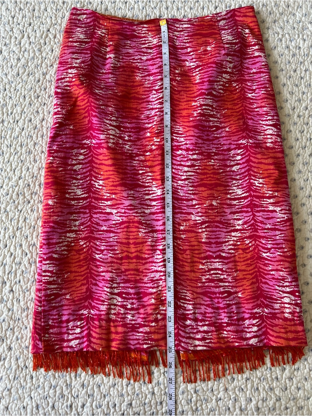 Bliss Pink and Red Patterned Fringe Pencil Skirt Size 8 - Picture 3 of 7